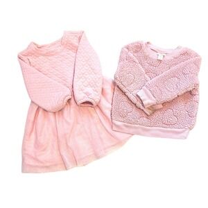 Cat & Jack Toddler Girl Pink Heart Valentine Quilted Dress Sherpa Sweater Set 2T